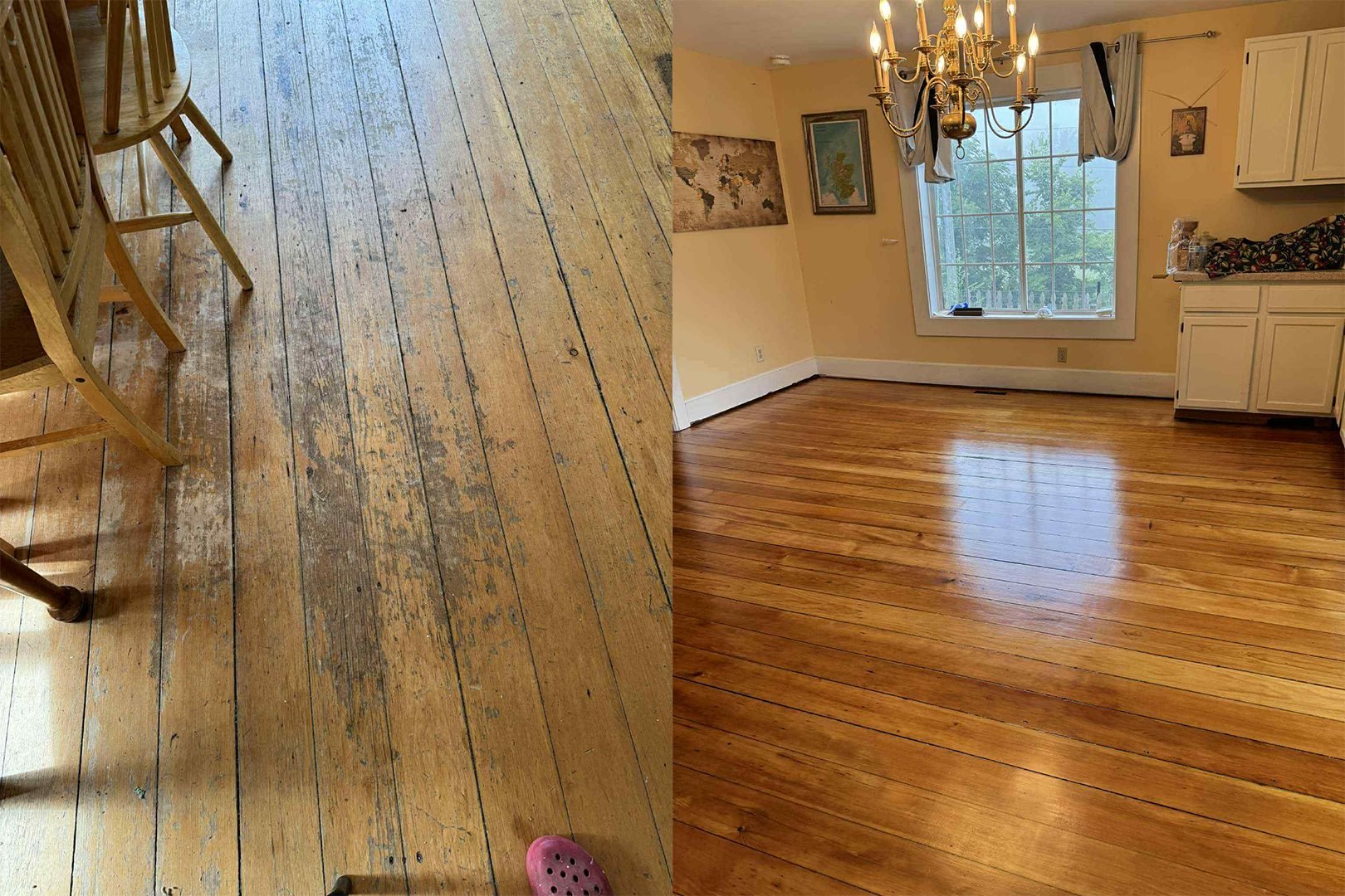 Pine wood floor refinishing before/after